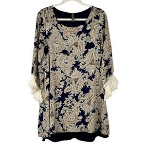 Entro Women’s Paisley Crewneck Long Sleeve Fringe Dress Small